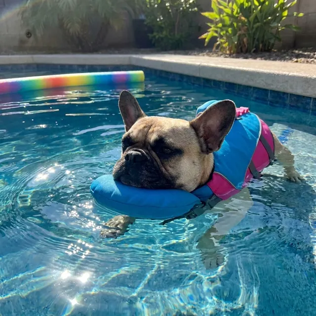 French bulldog floating with chin resting on PupFloaty ChinRest pillow