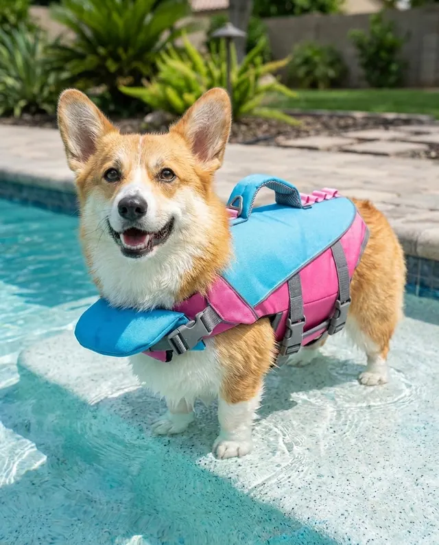 Corgi wearing the Lake Blue Drift & Paw vest at the lake