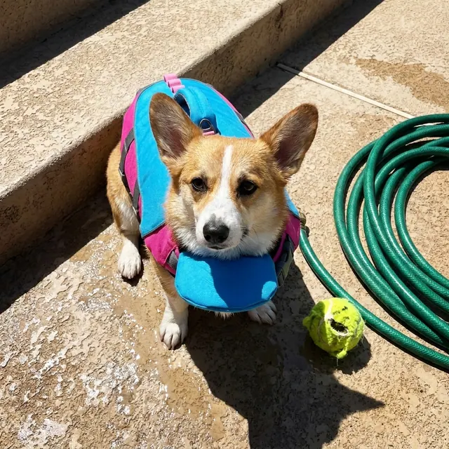 Corgi on pool steps wearing a PupFloaty vest, overhead shot