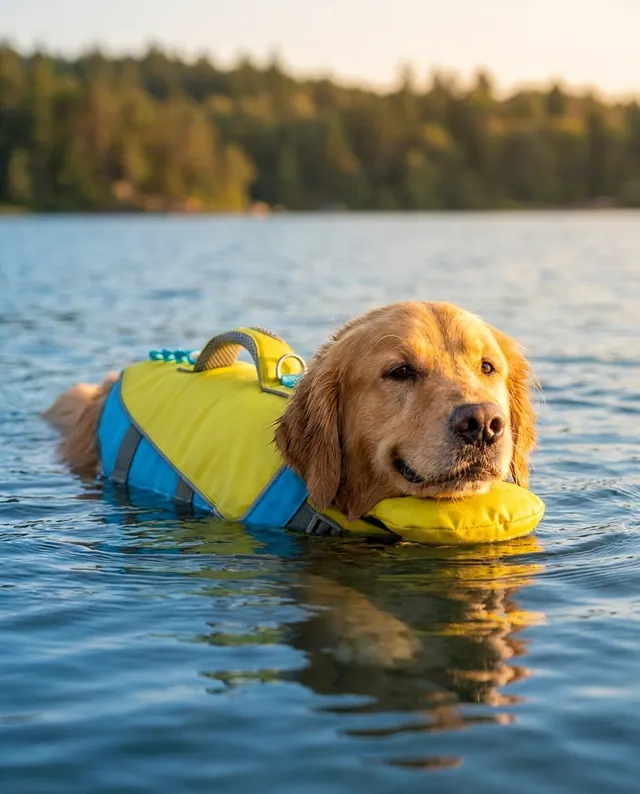 Golden retriever wearing a yellow swim vest by the water